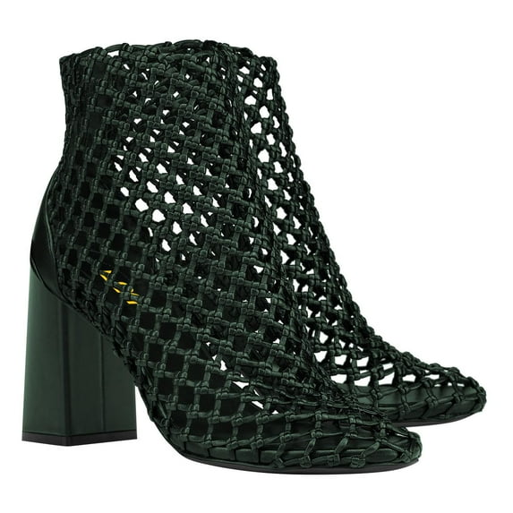 FSJ Women Closed Toe Woven Ankle Boots Zipper Back Block High Heel Booties Fashion Party Casual Dress Sandals Size 15 Green