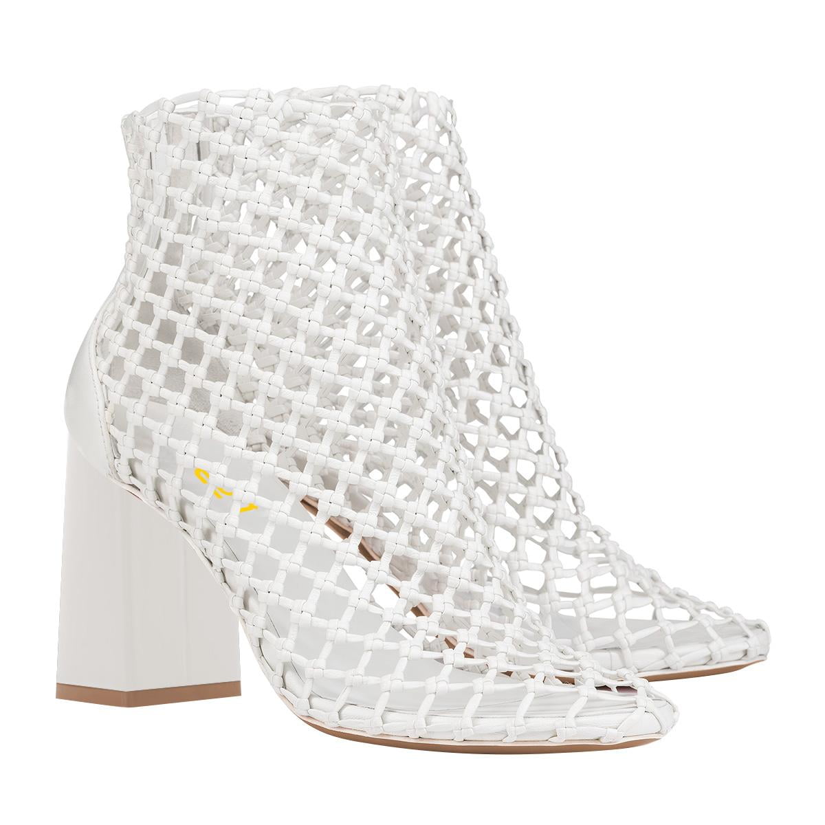 FSJ Women Closed Toe Woven Ankle Boots Zipper Back Block High Heel ...