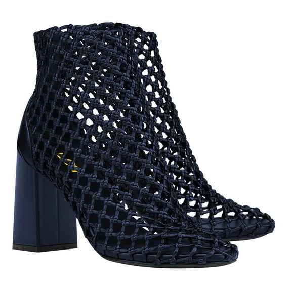 FSJ Women Closed Toe Woven Ankle Boots Zipper Back Block High Heel Booties Fashion Party Casual Dress Sandals Size 8 Blue