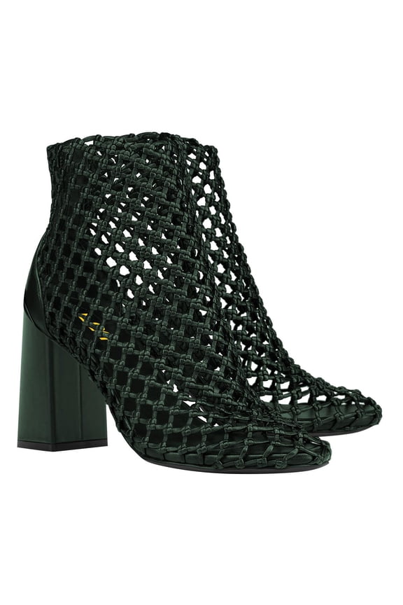 Women Closed Toe Woven Ankle Boots Zipper Back Block High Heel Booties Fashion Party Casual Dress Sandals Size 9 Green