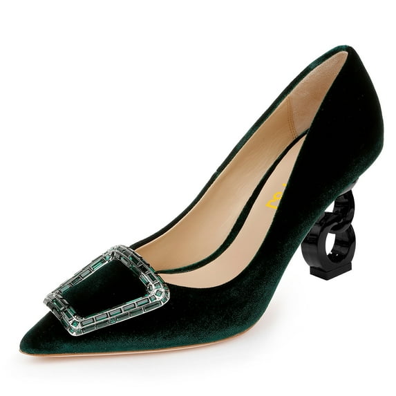 FSJ Women Comfort Chain High Heel Slip On Pumps Pointed Closed Toe Sparkly Rhinestone Studded Jewel Buckle Office Wedding Shoes Size 5 Green