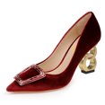 thumbnail image 1 of FSJ Women Comfort Chain High Heel Slip On Pumps Pointed Closed Toe Sparkly Rhinestone Studded Jewel Buckle Office Wedding Shoes Size 9.5 Red, 1 of 4