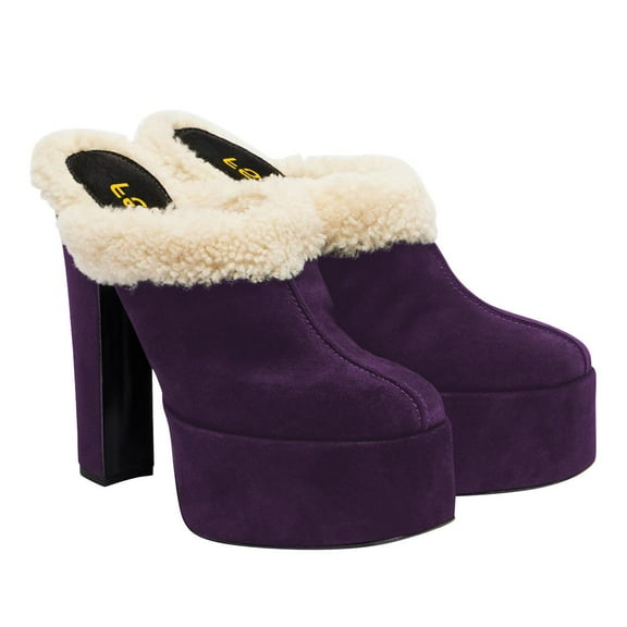 FSJ Women Comfort Platform Mules with Shearling Trim Suede Closed Round Toe Chunky High Heel Slip On Fashion Clogs Size 11 Purple
