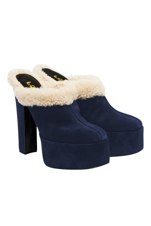 Women Comfort Platform Mules with Shearling Trim Suede Closed Round Toe Chunky High Heel Slip On Fashion Clogs Size 14 Blue