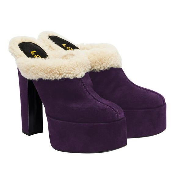 FSJ Women Comfort Platform Mules with Shearling Trim Suede Closed Round Toe Chunky High Heel Slip On Fashion Clogs Size 14 Purple