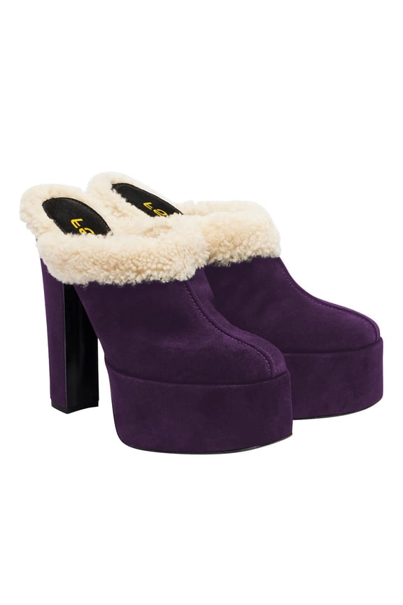 Women Comfort Platform Mules with Shearling Trim Suede Closed Round Toe Chunky High Heel Slip On Fashion Clogs Size 6.5 Purple
