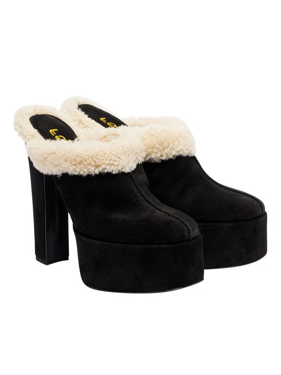 Women Comfort Platform Mules with Shearling Trim Suede Closed Round Toe Chunky High Heel Slip On Fashion Clogs Size 8 Black