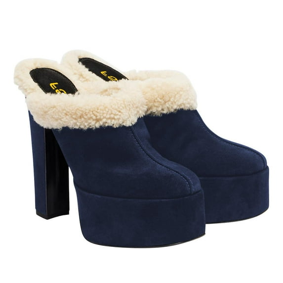FSJ Women Comfort Platform Mules with Shearling Trim Suede Closed Round Toe Chunky High Heel Slip On Fashion Clogs Size 8 Blue