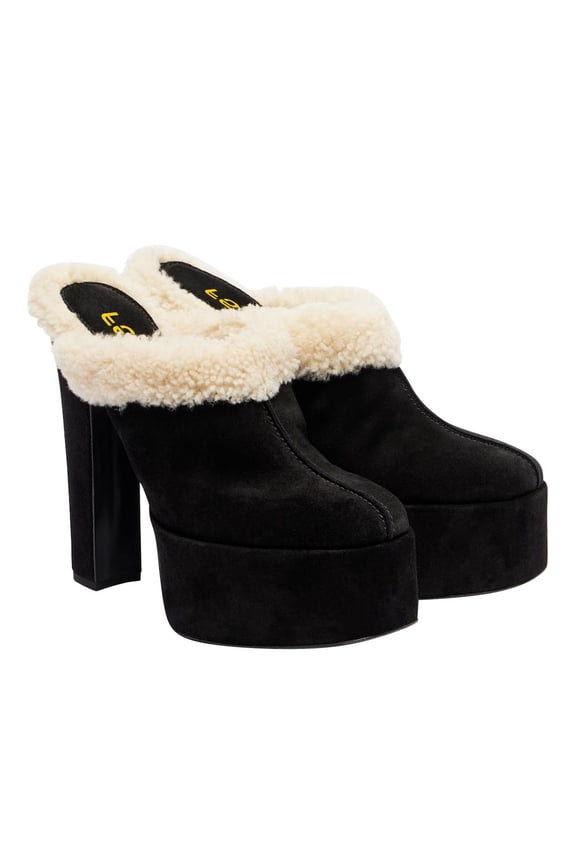 Women Comfort Platform Mules with Shearling Trim Suede Closed Round Toe Chunky High Heel Slip On Fashion Clogs Size 9 Black