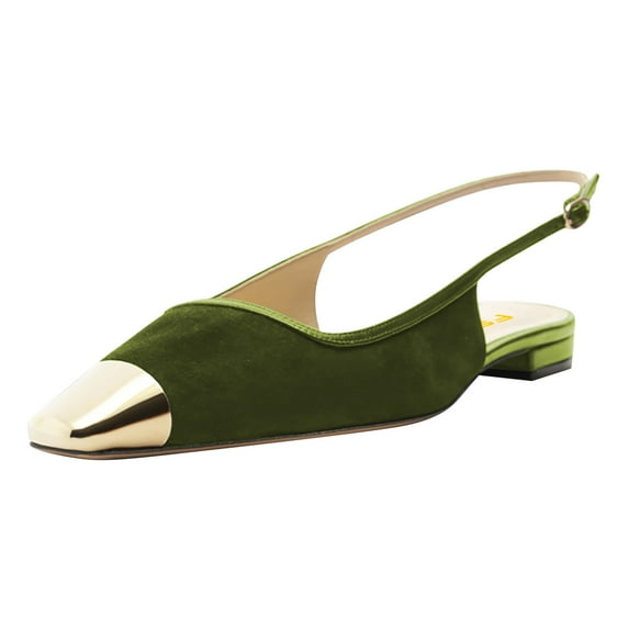 FSJ Women Comfort Square Closed Toe Slingback Flats Shiny Two Toned Flats Sandals Slip On Block Low Heel Office Fashion Dressy Shoes Size 6 Green