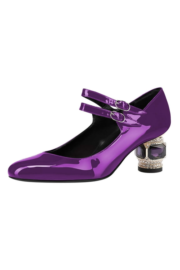 Women Comfortable Adjustable Double Strap Mary Jane Shoes Rounded Closed Toe Crystal Chunky Block Low Heel Pumps Business Date Dress Shoes Size 10.5 Purple