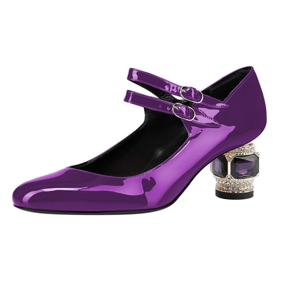 FSJ Women Comfortable Adjustable Double Strap Mary Jane Shoes Rounded Closed Toe Crystal Chunky Block Low Heel Pumps Business Date Dress Shoes Size 16 Purple