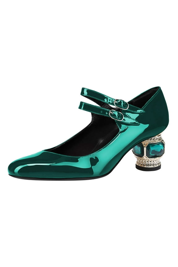 Women Comfortable Adjustable Double Strap Mary Jane Shoes Rounded Closed Toe Crystal Chunky Block Low Heel Pumps Business Date Dress Shoes Size 8 Green