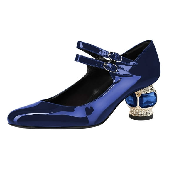 FSJ Women Comfortable Adjustable Double Strap Mary Jane Shoes Rounded Closed Toe Crystal Chunky Block Low Heel Pumps Business Date Dress Shoes Size 6.5 Blue