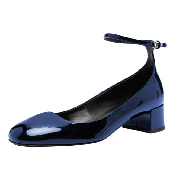 FSJ Women Comfortable Chunky Block Low Heel Pumps Round Closed Toe Ankle Strap Adjustable Buckle Office Work Church Dressy Shoes Size 5.5 Blue