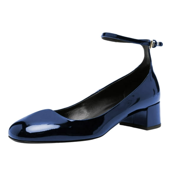 FSJ Women Comfortable Chunky Block Low Heel Pumps Round Closed Toe Ankle Strap Adjustable Buckle Office Work Church Dressy Shoes Size 6 Blue