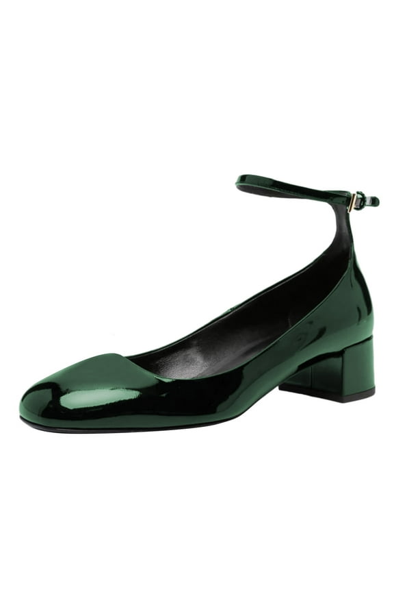 Women Comfortable Chunky Block Low Heel Pumps Round Closed Toe Ankle Strap Adjustable Buckle Office Work Church Dressy Shoes Size 9.5 Green