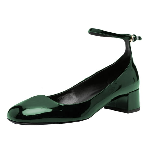 FSJ Women Comfortable Chunky Block Low Heel Pumps Round Closed Toe Ankle Strap Adjustable Buckle Office Work Church Dressy Shoes Size 9.5 Green