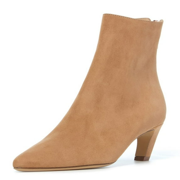 FSJ Women Comfortable Kitten Low Heel Ankle Boots Pointed Closed Toe Back Zipper Booties Dress Party Casual Shoes Size 12 Camel
