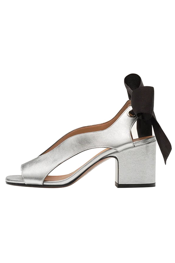 Women Comfortable Open Toe V Cut Platform Ribbon Sandals Tie Up Block Chunky Heels Fashion Dance Dressy Pumps Shoes Size 9 Silver