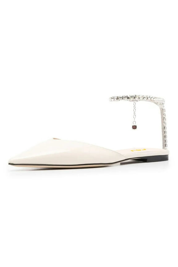 Women Comfortable Pointed Closed Toe D'Orsay Ballet Flats Rhinestone Crystal Chain Ankle Strap Wedding Bridal Work Casual Dress Shoes Size 10 White