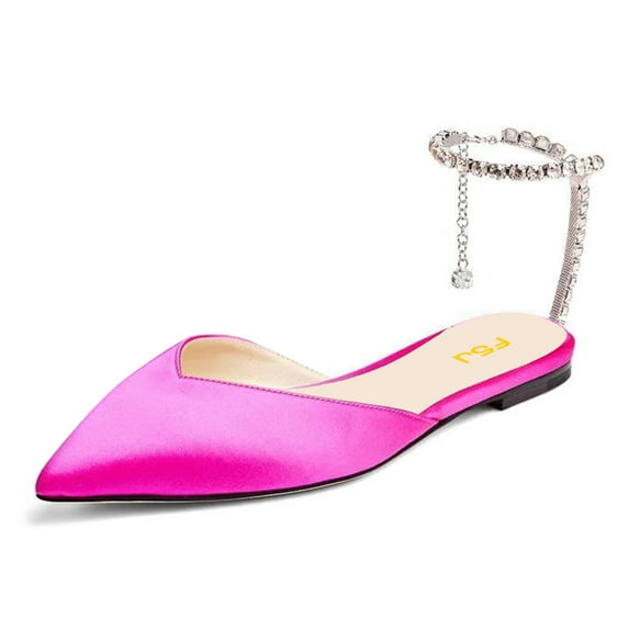 FSJ Women Comfortable Pointed Closed Toe D'Orsay Ballet Flats Rhinestone Crystal Chain Ankle Strap Wedding Bridal Work Casual Dress Shoes Size 12 Pink