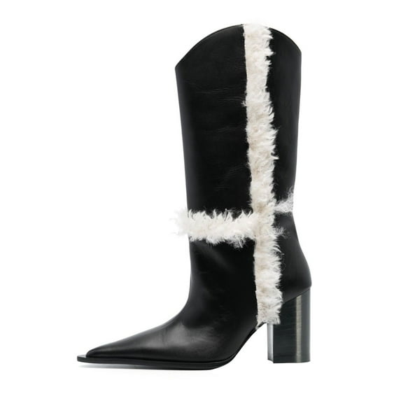 FSJ Women Comfortable Pointed Closed Toe Faux Fur Lined Knee High Boots Chunky Block Heels Tall Boots Party Date Shoes Size 15 Black