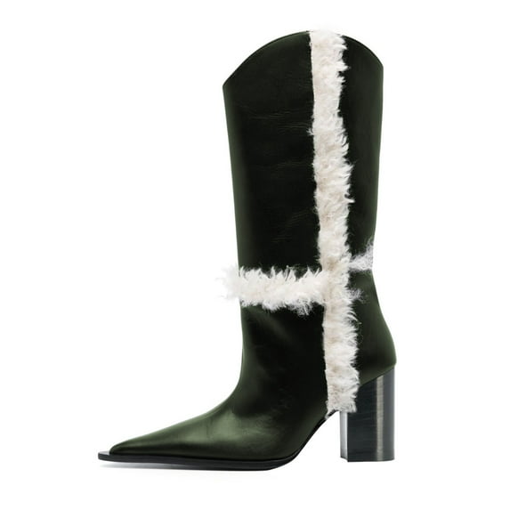 FSJ Women Comfortable Pointed Closed Toe Faux Fur Lined Knee High Boots Chunky Block Heels Tall Boots Party Date Shoes Size 16 Green