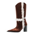 thumbnail image 1 of FSJ Women Comfortable Pointed Closed Toe Faux Fur Lined Knee High Boots Chunky Block Heels Tall Boots Party Date Shoes Size 6 Brown, 1 of 4