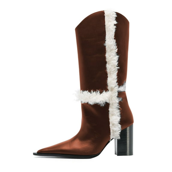 FSJ Women Comfortable Pointed Closed Toe Faux Fur Lined Knee High Boots Chunky Block Heels Tall Boots Party Date Shoes Size 6 Brown