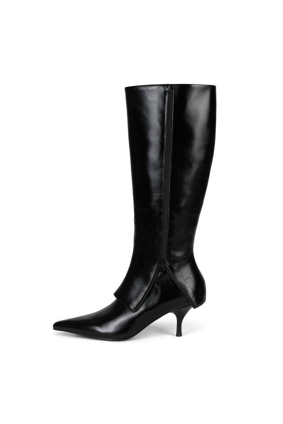 Women Comfortable Pointed Closed Toe Knee High Boots Kitten Mid Heel Wide Calf Zipper Fold Over Evening Daily Dress Shoes Size 7.5 Black