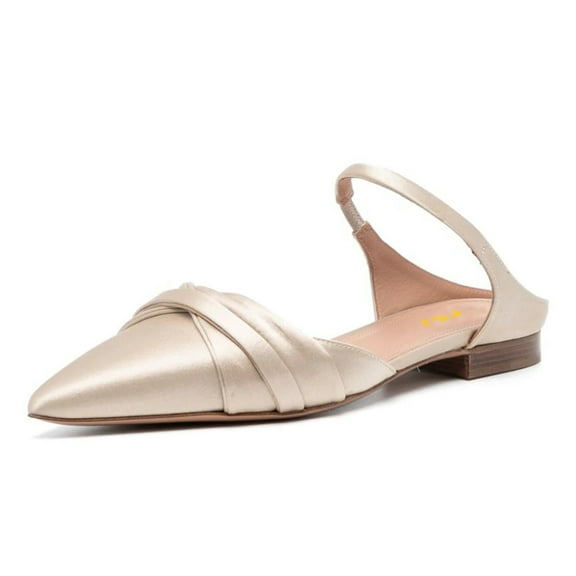 FSJ Women Comfortable Pointy Close Toe Flat Low heel Sandals Ankle Buckle Strap Slip On Slides Ladies Casual Mules Shoes Size 16 Champagne Satin