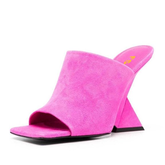 FSJ Women Comfortable Square Open Toe Wedge High Heels Sandals Slip On Backless Mules Summer Dressy Slides Shoes Size 4 Pink