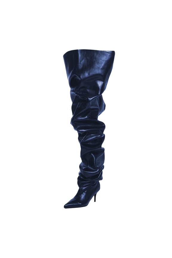 Women Comfortable Thigh High Boots Wrinkled Over the Knee Pull On Long Boot Pointed Closed Toe Stiletto High Heels Fashion Boots Size 6.5 Navy