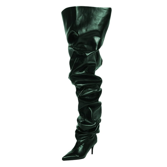 FSJ Women Comfortable Thigh High Boots Wrinkled Over the Knee Pull On Long Boot Pointed Closed Toe Stiletto High Heel Fashion Party Dress Shoes Size 8 Green