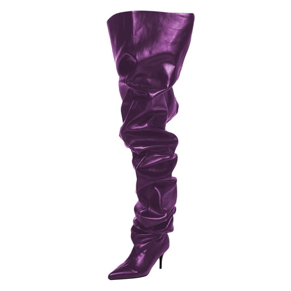 FSJ Women Comfortable Thigh High Boots Wrinkled Over the Knee Pull On Long Boot Pointed Closed Toe Stiletto High Heel Fashion Party Dress Shoes Size 9 Purple