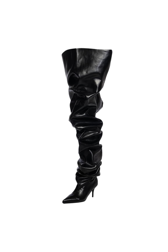 Women Comfortable Thigh High Boots Wrinkled Over the Knee Pull On Long Boot Pointed Closed Toe Stiletto High Heels Fashion Boots Size 11 Black