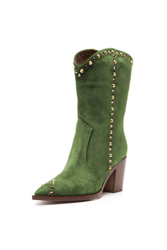 Women Cowgirl Rivet Mid Calf Boots Pointed Closed Toe Low Chunky Stacked Heel Studded Pull On Cowboy Country Vintage Shoes Size 10 Green