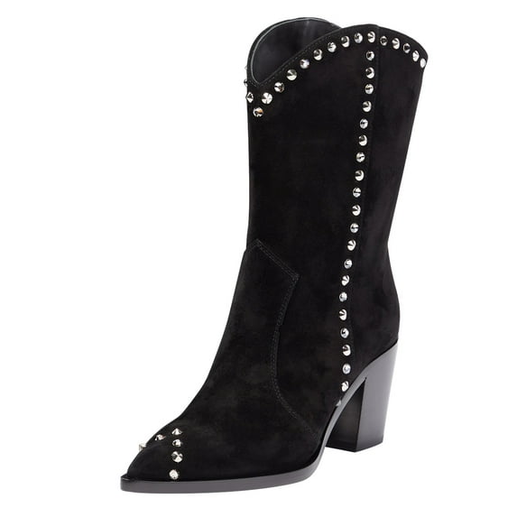 FSJ Women Cowgirl Rivet Mid Calf Boots Pointed Closed Toe Low Chunky Stacked Heel Studded Pull On Cowboy Country Vintage Shoes Size 4 Black