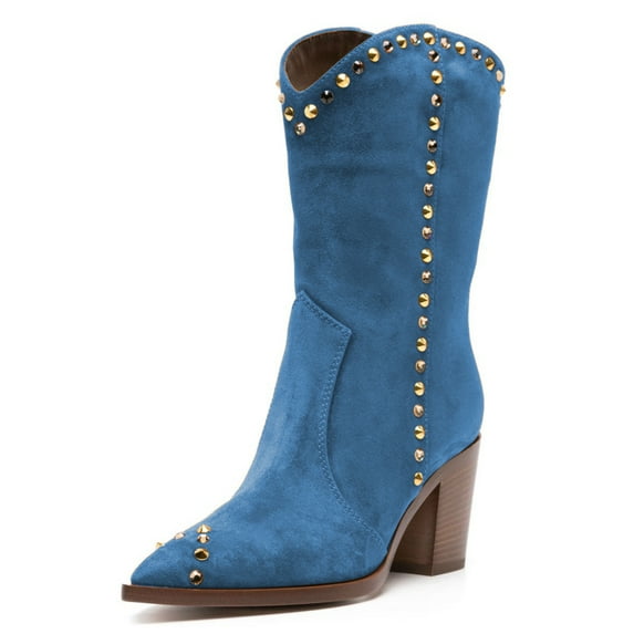 FSJ Women Cowgirl Rivet Mid Calf Boots Pointed Closed Toe Low Chunky Stacked Heel Studded Pull On Cowboy Country Vintage Shoes Size 4 Blue