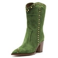 thumbnail image 1 of FSJ Women Cowgirl Rivet Mid Calf Boots Pointed Closed Toe Low Chunky Stacked Heel Studded Pull On Cowboy Country Vintage Shoes Size 6.5 Green, 1 of 4