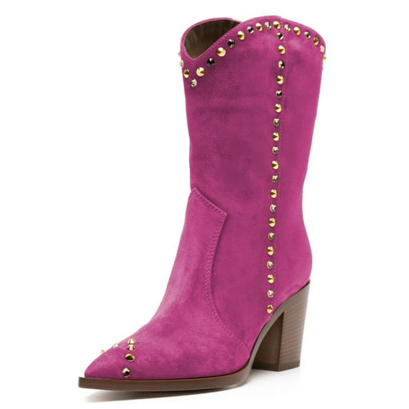 FSJ Women Cowgirl Rivet Mid Calf Boots Pointed Closed Toe Low Chunky Stacked Heel Studded Pull On Cowboy Country Vintage Shoes Size 6.5 Pink