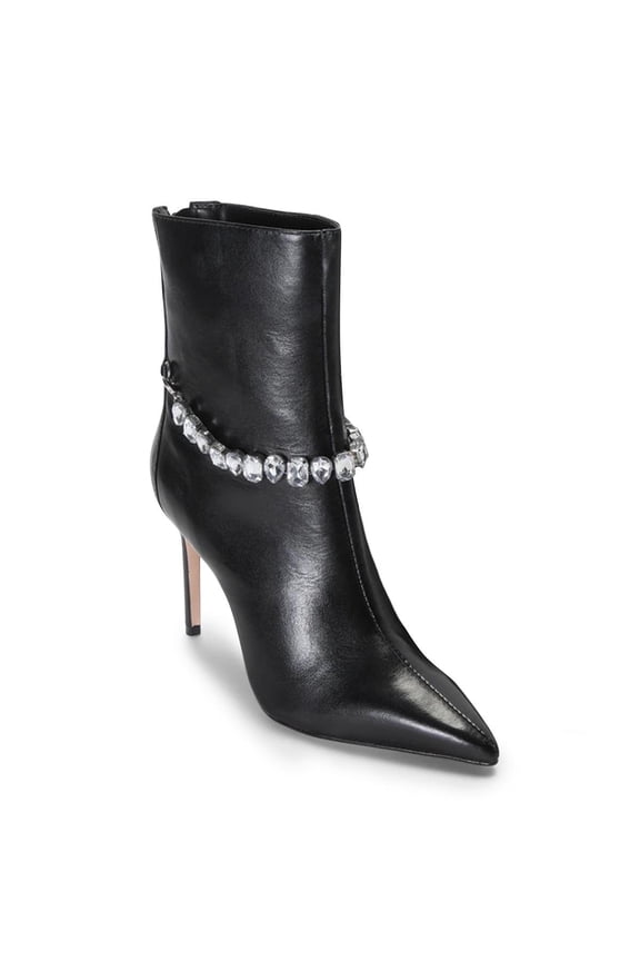 Women Crystal Chains Pointy Toe Ankle Boots Back Zipper Stiletto High Heels Fashion Prom Party Booties Size 9 Black