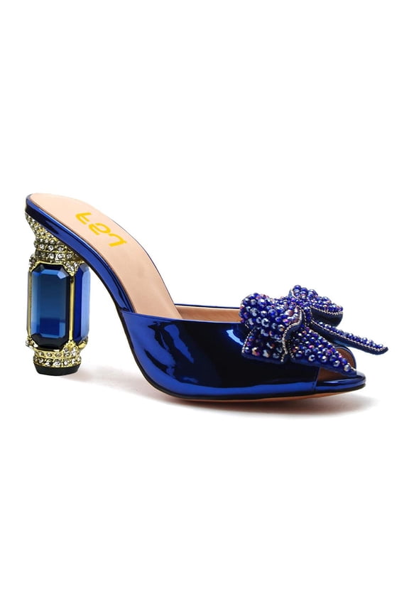 Women Crystal Chunky High Heel Slip on Mules Peep Toe Rhinestone Bow Slide Sandals Charming Prom Date Heeled Slides Size 10 Blue