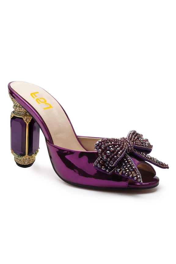 Women Crystal Chunky High Heel Slip on Mules Peep Toe Rhinestone Bow Slide Sandals Charming Prom Date Heeled Slides Size 15 Purple