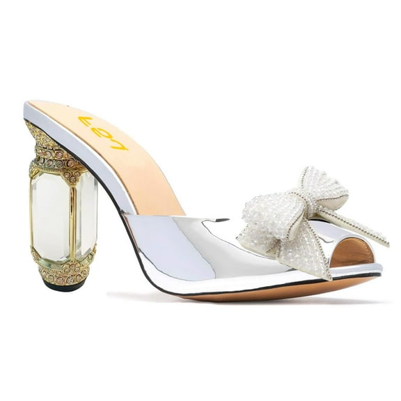 FSJ Women Crystal Chunky High Heel Slip on Mules Peep Toe Rhinestone Bow Slide Sandals Charming Prom Date Heeled Slides Size 8 Silver