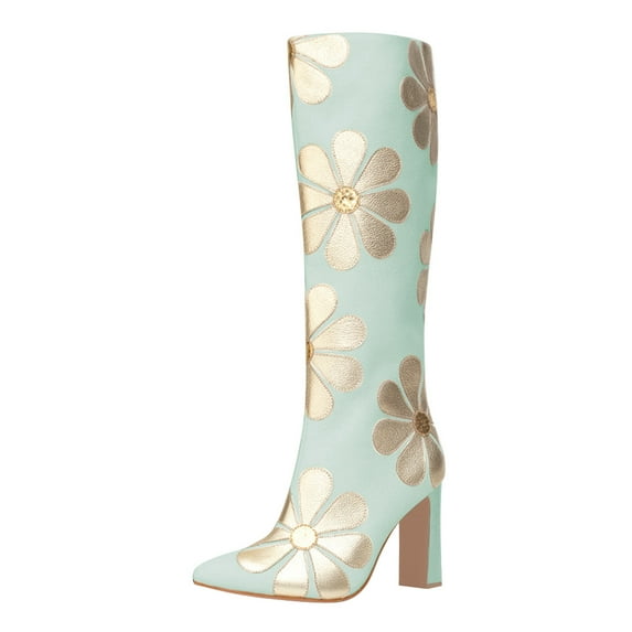 FSJ Women Cute Knee High Boots Pointed Closed Toe Chunky High Heel Side Zipper Daisy Flowers Heeled Tall Boots Date Shoes Size 4 Light Blue
