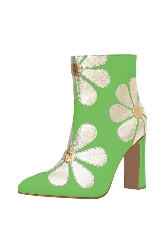 Women Cute Pointed Closed Toe Daisy Ankle Boots Chunky High Heel Side Zipper Flower Wedding Booties Bridal Dress Shoes Size 6.5 Green