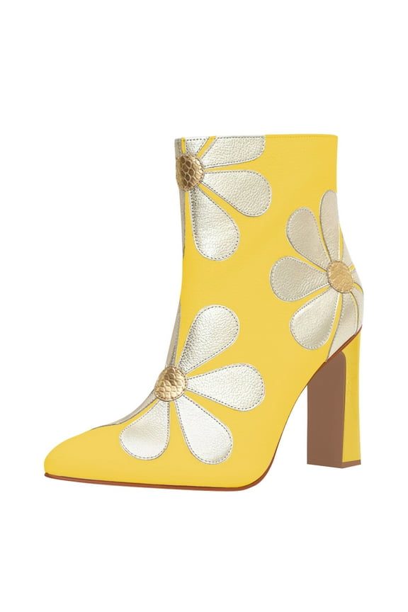 Women Cute Pointed Closed Toe Daisy Ankle Boots Chunky High Heel Side Zipper Flower Wedding Booties Bridal Dress Shoes Size 8 Yellow