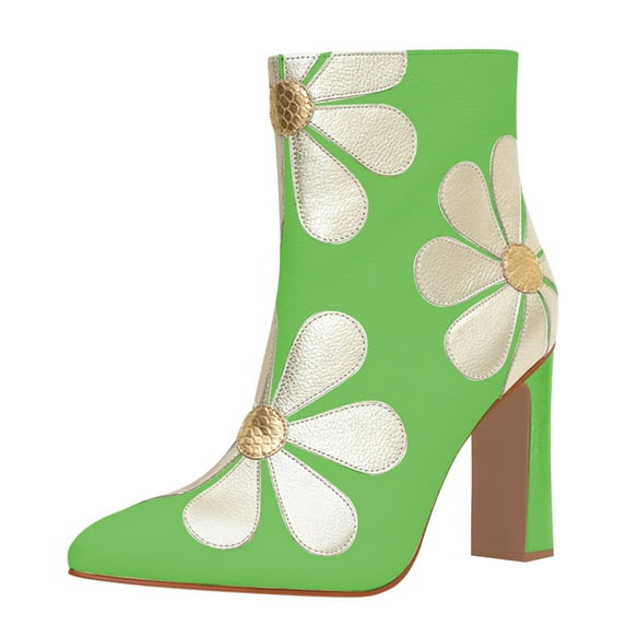 FSJ Women Cute Pointed Closed Toe Daisy Ankle Boots Chunky High Heel Side Zipper Flower Wedding Booties Bridal Dress Shoes Size 9 Green